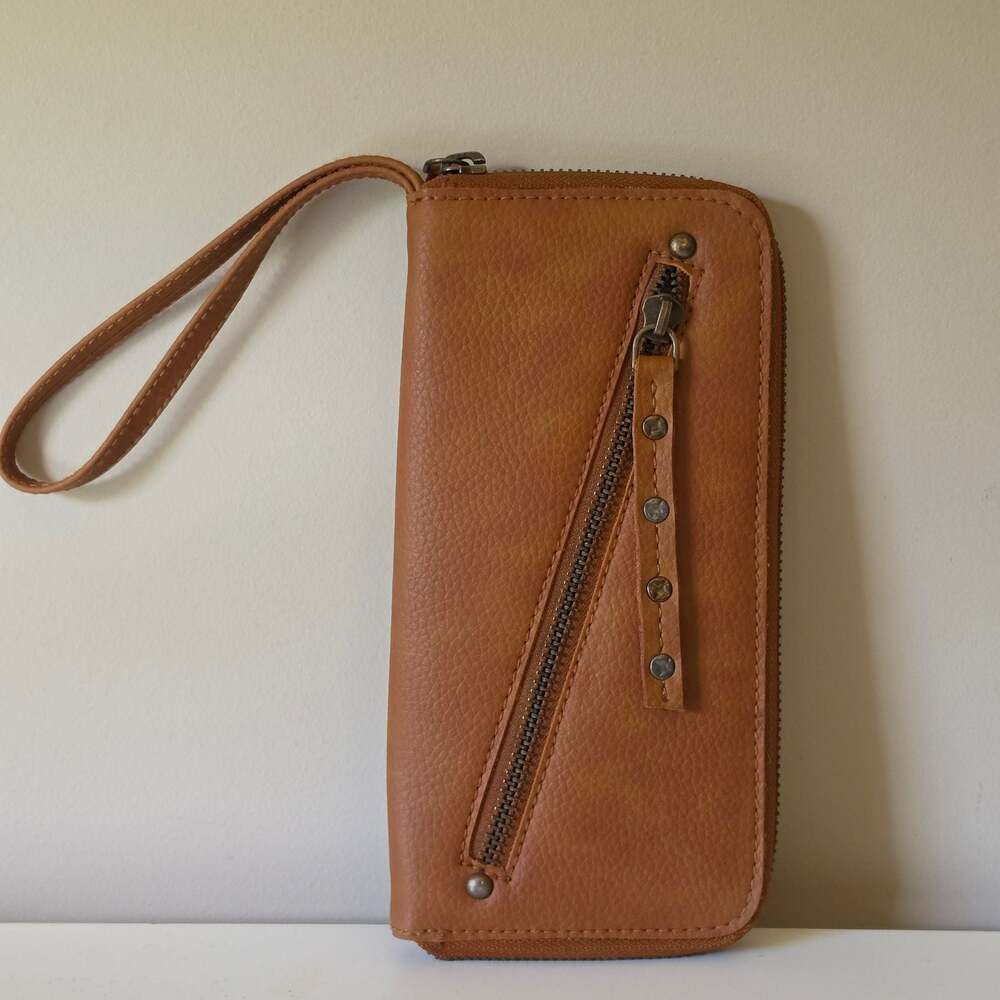 Free People Brown Vegan Leather Zip Around Wristlet Wallet Studded Boho